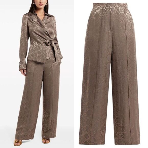 NEW SIMKHAI Trouser Pants Snakeskin Wide Leg Brown Python Print Pants Size 0 - Picture 1 of 12